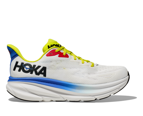Hoka Clifton 9 men's running shoe in white with blue and yellow details