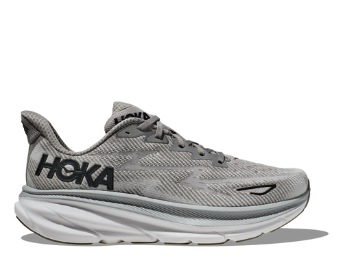 HOKA Men's Clifton 9 running shoe in Harbor Mist gray and black colorway