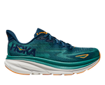 Hoka Men's Clifton 9 running shoe in midnight blue and oceanic teal colorway