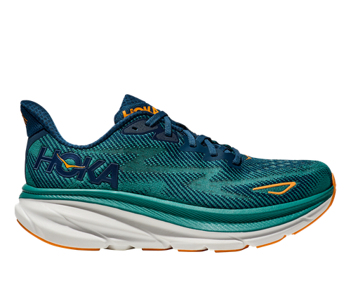 Hoka Men's Clifton 9 running shoe in midnight blue and oceanic teal colorway