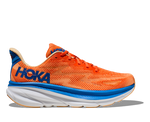 Hoka Men's Clifton 9 Running Shoes in Vibrant Orange and Impala colorway with blue accents