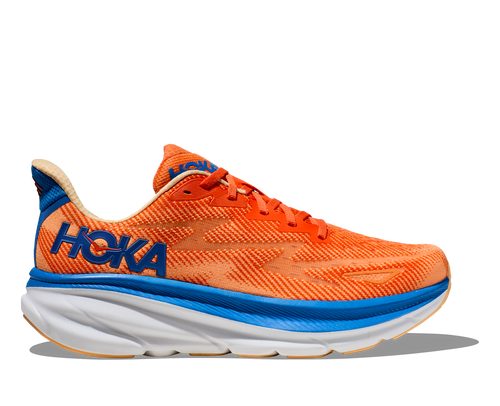 Hoka Men's Clifton 9 Running Shoes in Vibrant Orange and Impala colorway with blue accents