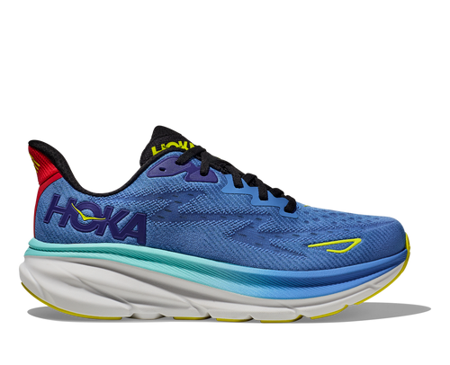 Hoka Clifton 9 men's running shoe in virtual blue and cerise colorway