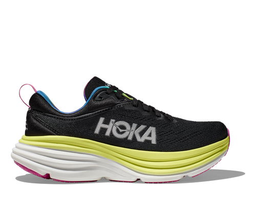 Hoka Bondi 8 women's running shoe in black with citrus yellow midsole