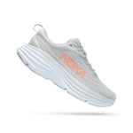HOKA Bondi 8 women's running shoe in Harbor Mist gray with coral logo