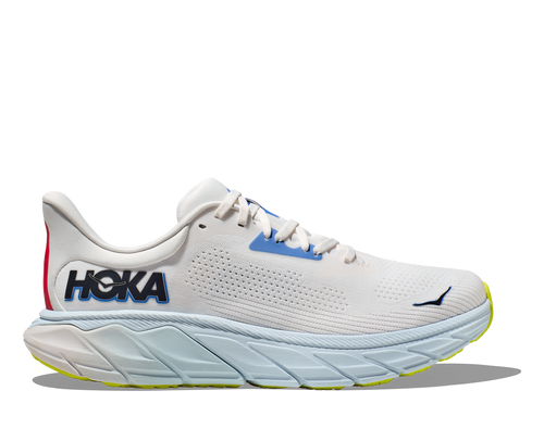 Hoka Arahi 7 men's running shoe in white with blue accents