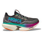 Hoka Cielo X1 running shoe in black with electric aqua and purple gradient details