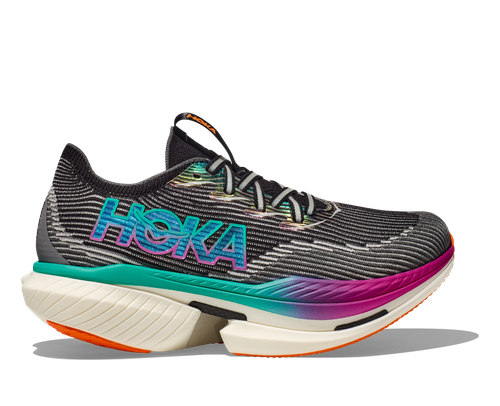 Hoka Cielo X1 running shoe in black with electric aqua and purple gradient details