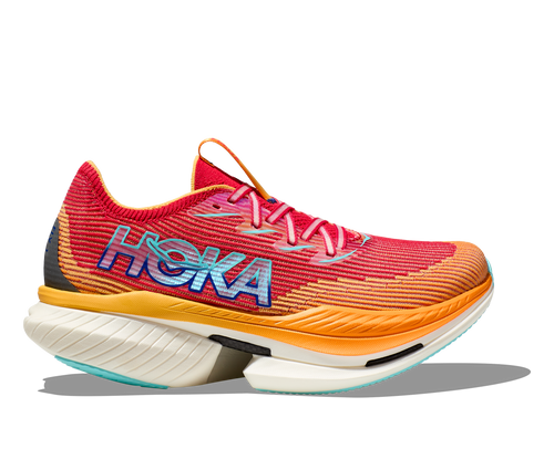 Hoka Cielo X1 running shoe in cerise and solar flare gradient colorway
