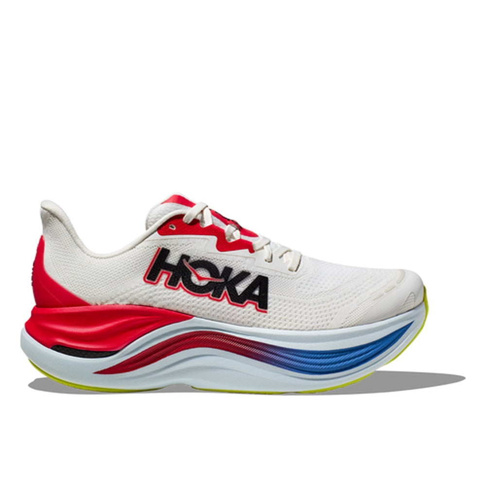 HOKA Skyward X running shoe in white and blue colorway with rainbow midsole