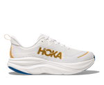 HOKA Skyflow running shoe in frost white with gold logo and orange details