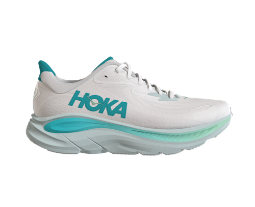Hoka Clifton 10 women's running shoe in white with cielo blue accents