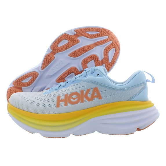 Hoka Bondi 8 women's running shoes in light blue with yellow midsole