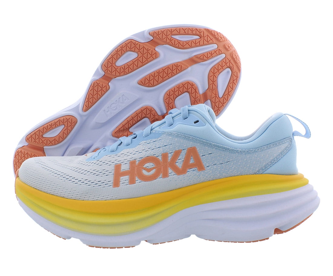 Hoka Bondi 8 women's running shoes in light blue with yellow midsole