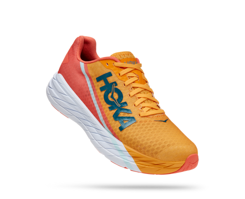 HOKA Rocket X running shoe in radiant yellow and coral colorway