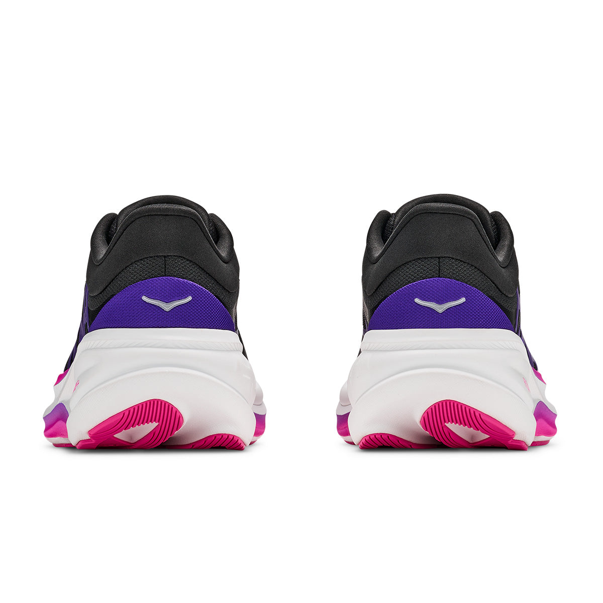 Hoka Clifton Pro pair shown from rear, Carbon Black with Cosmic Purple heel detailing
