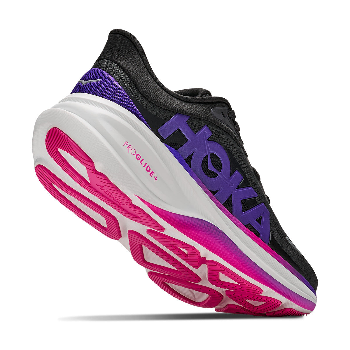 Hoka Clifton Pro Carbon Black Cosmic Purple angled view highlighting ProGlide midsole and outsole