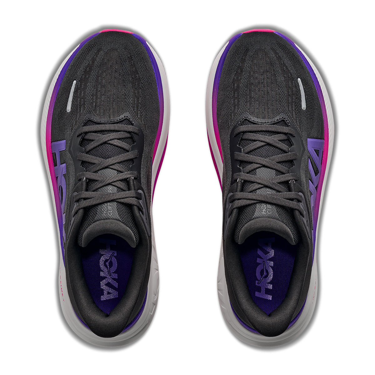 Hoka Clifton Pro pair top-down view showing Carbon Black mesh upper and purple HOKA insole