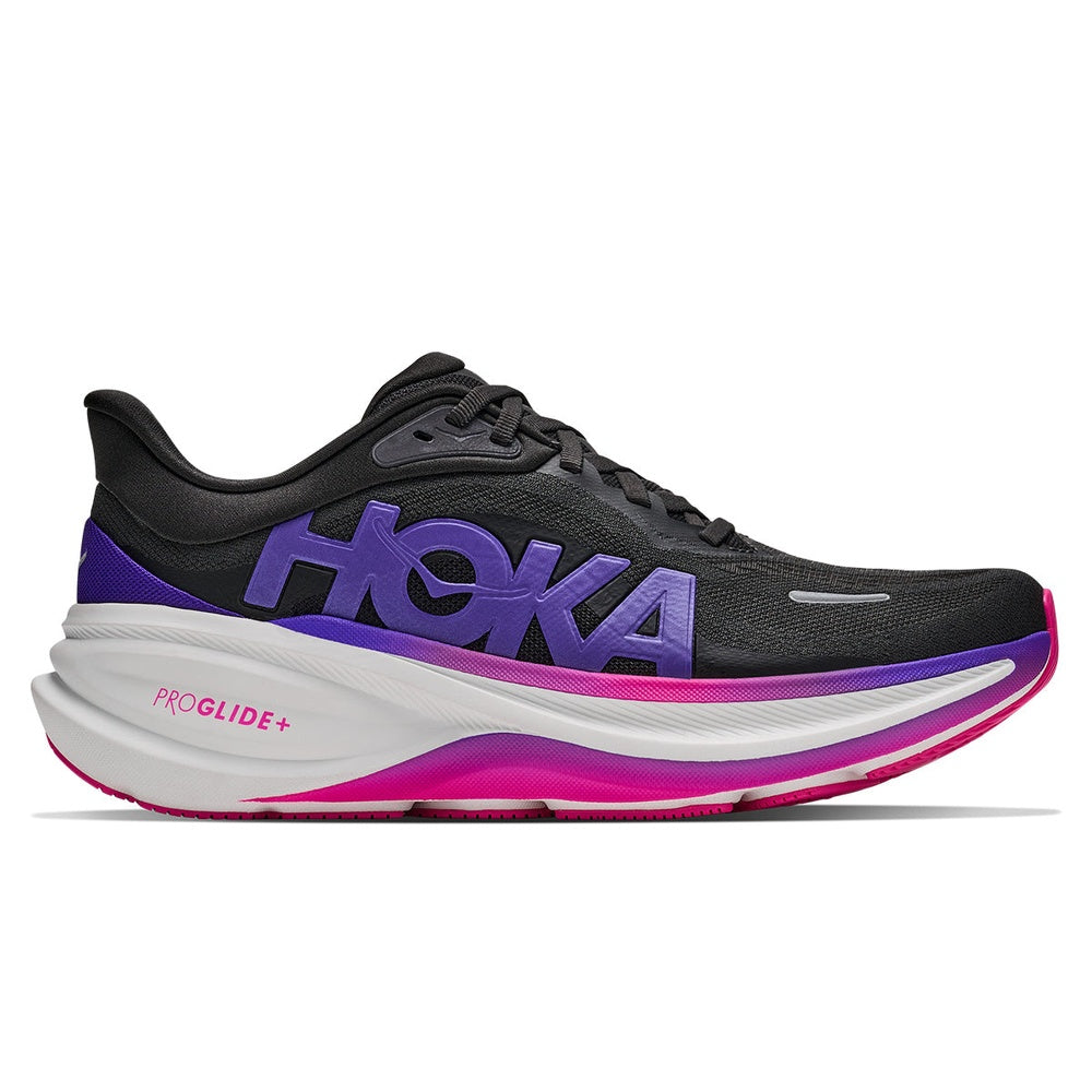 Hoka Clifton Pro running shoe in Carbon Black and Cosmic Purple, lateral view
