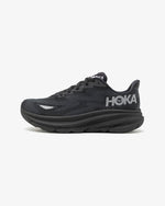 Hoka Clifton 9 men's running shoe in black colorway with textured upper