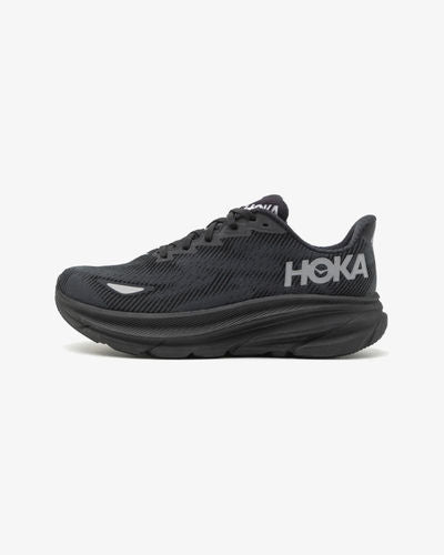 Hoka Clifton 9 men's running shoe in black colorway with textured upper
