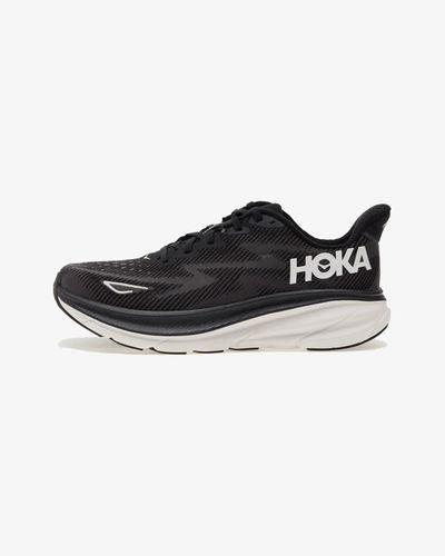 HOKA Clifton 9 men's running shoe in black with white sole