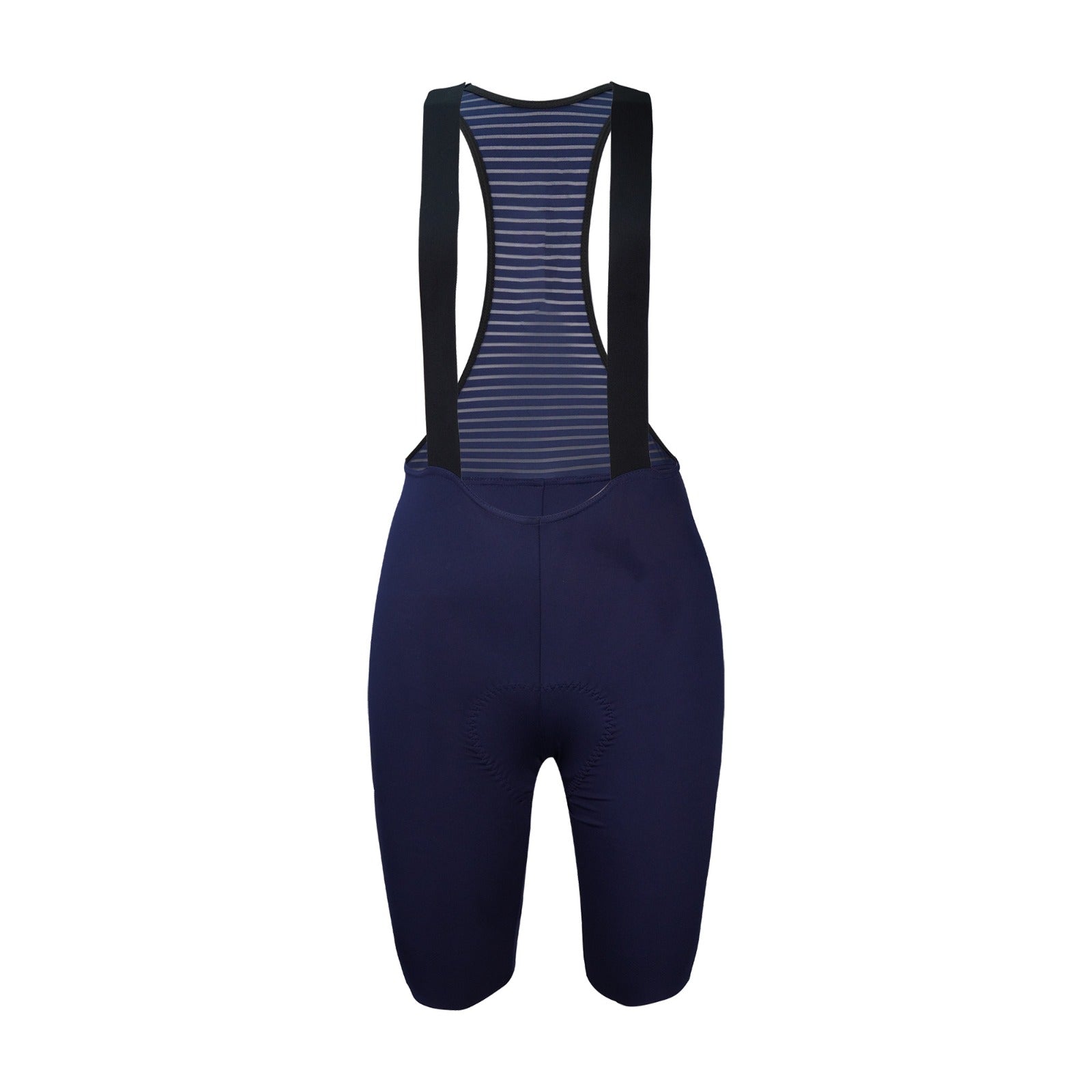 Navy blue women's cycling bib shorts with striped back panel and shoulder straps