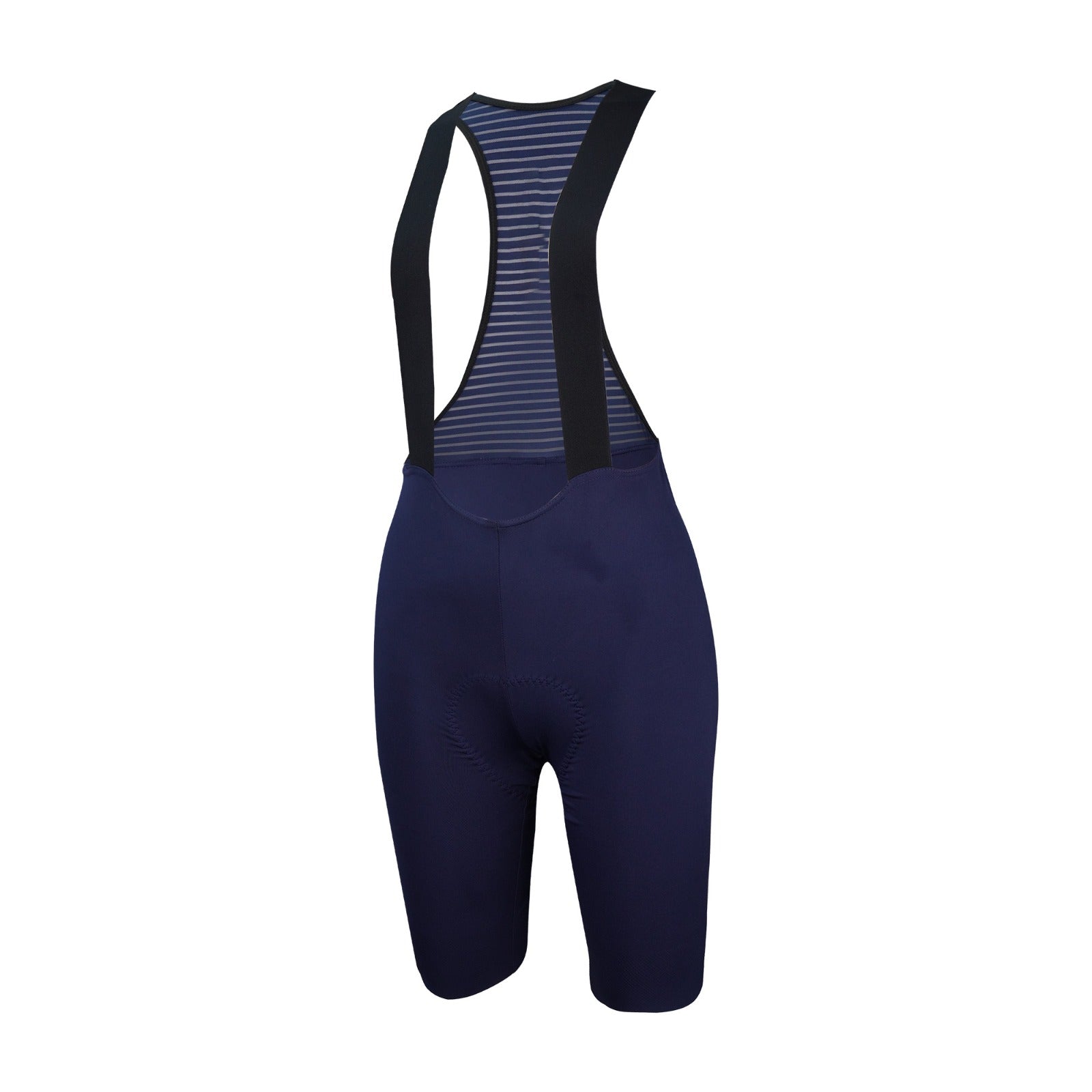 Navy blue women's cycling bib shorts with striped shoulder straps