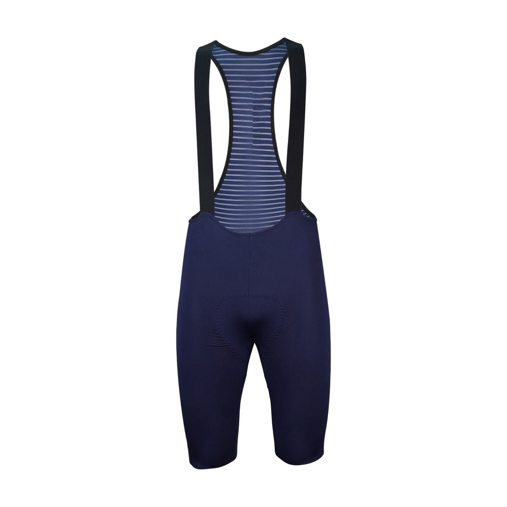 Navy blue cycling bib shorts with striped back panel and shoulder straps