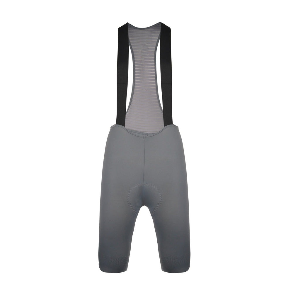 Grey cycling bib shorts with black shoulder straps and padded chamois