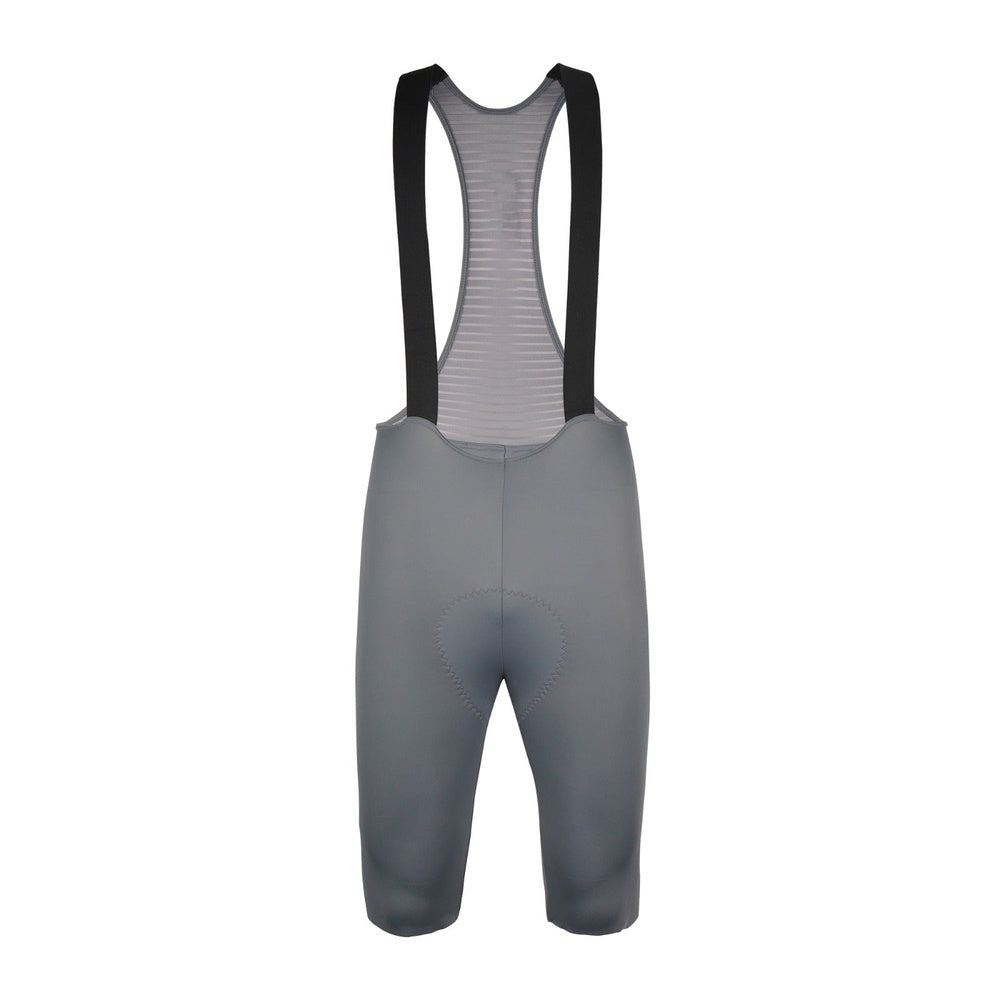 Grey cycling bib shorts with suspender straps and padded chamois