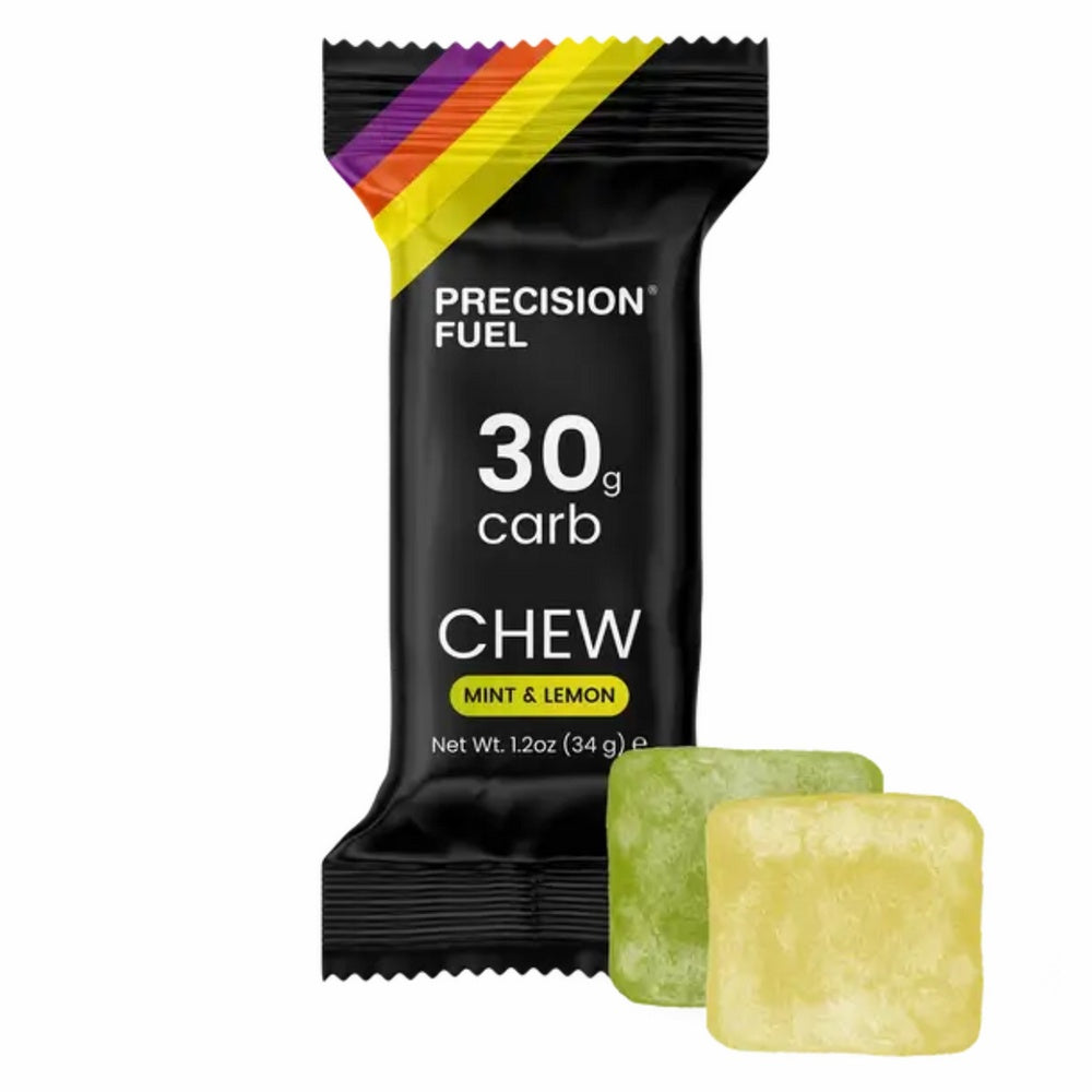 Precision Fuel 30g Carb Chew in Mint and Lemon flavor, single pack with two chews shown