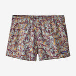 Patagonia Women's Barely Baggies Shorts in Dragon Purple tropical palm leaf pattern