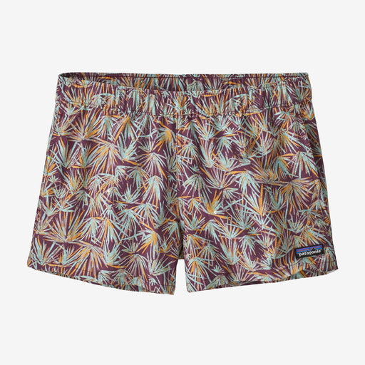 Patagonia Women's Barely Baggies Shorts in Dragon Purple tropical palm leaf pattern