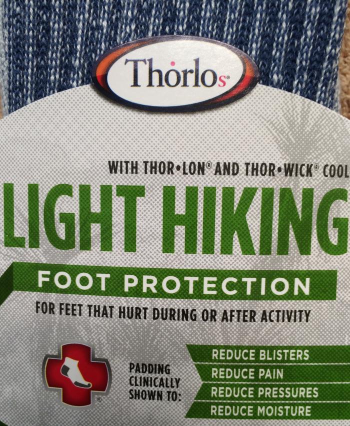 Thorlos Light Hiking socks product packaging showing blue denim colored sock material