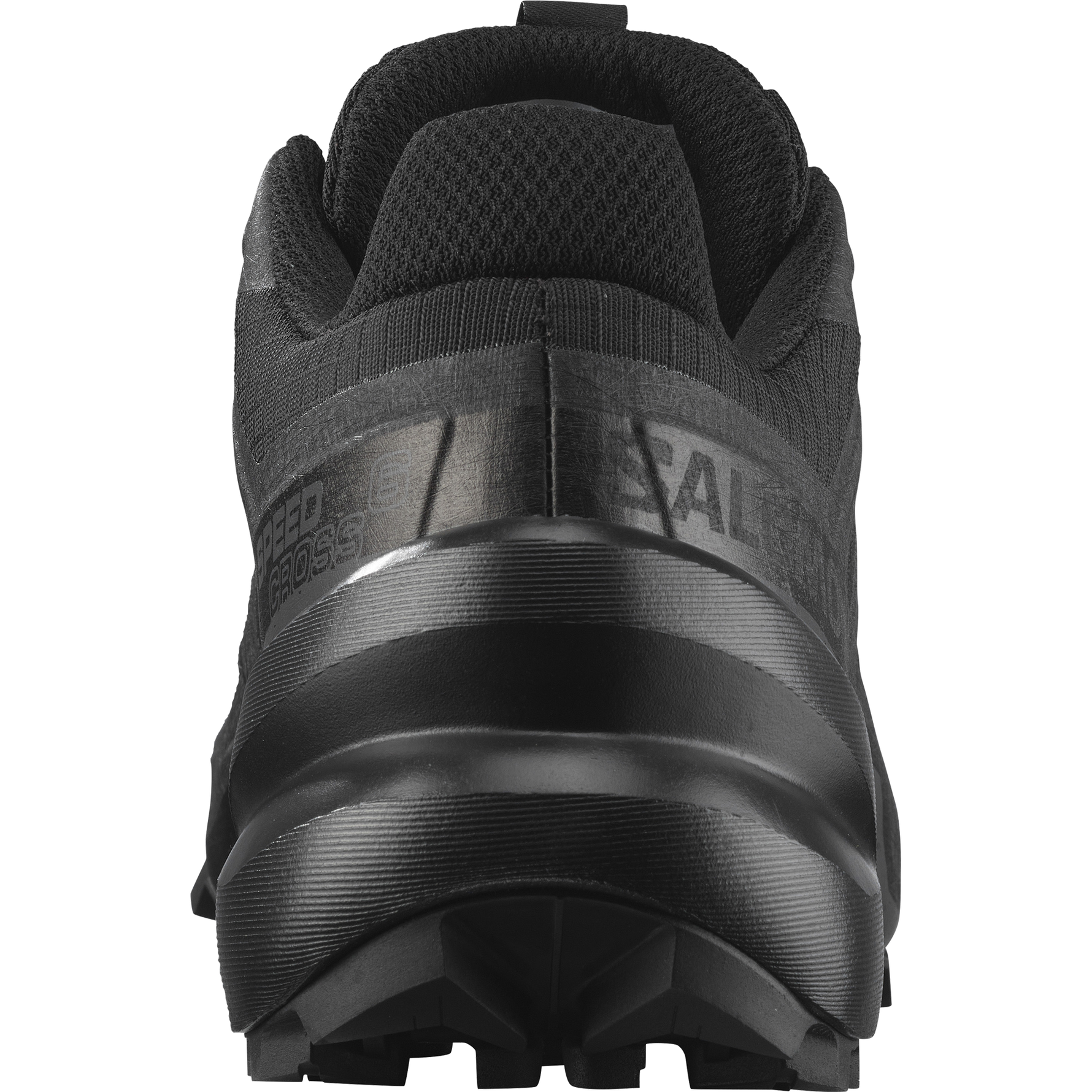 Salomon Speedcross 6 women's trail running shoe heel view in black colorway