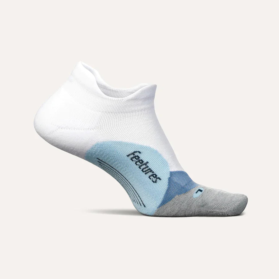Feetures Elite Light Cushion Tab running sock in white with sky blue accents