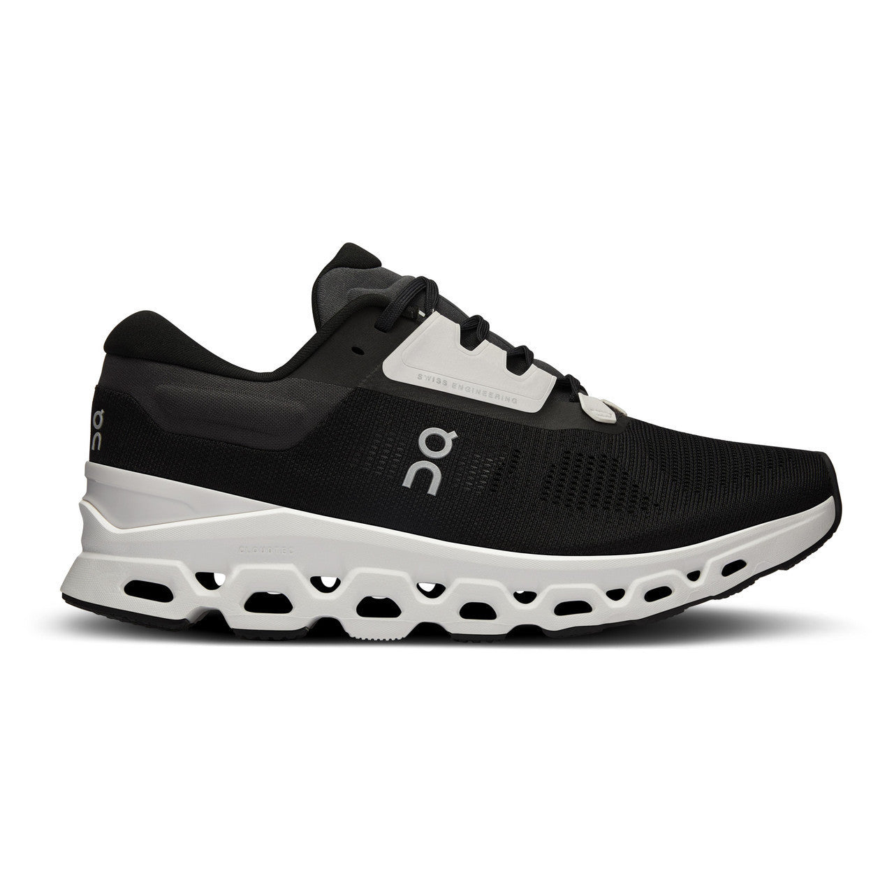 On Cloudstratus 3 running shoe in black with white sole and accents
