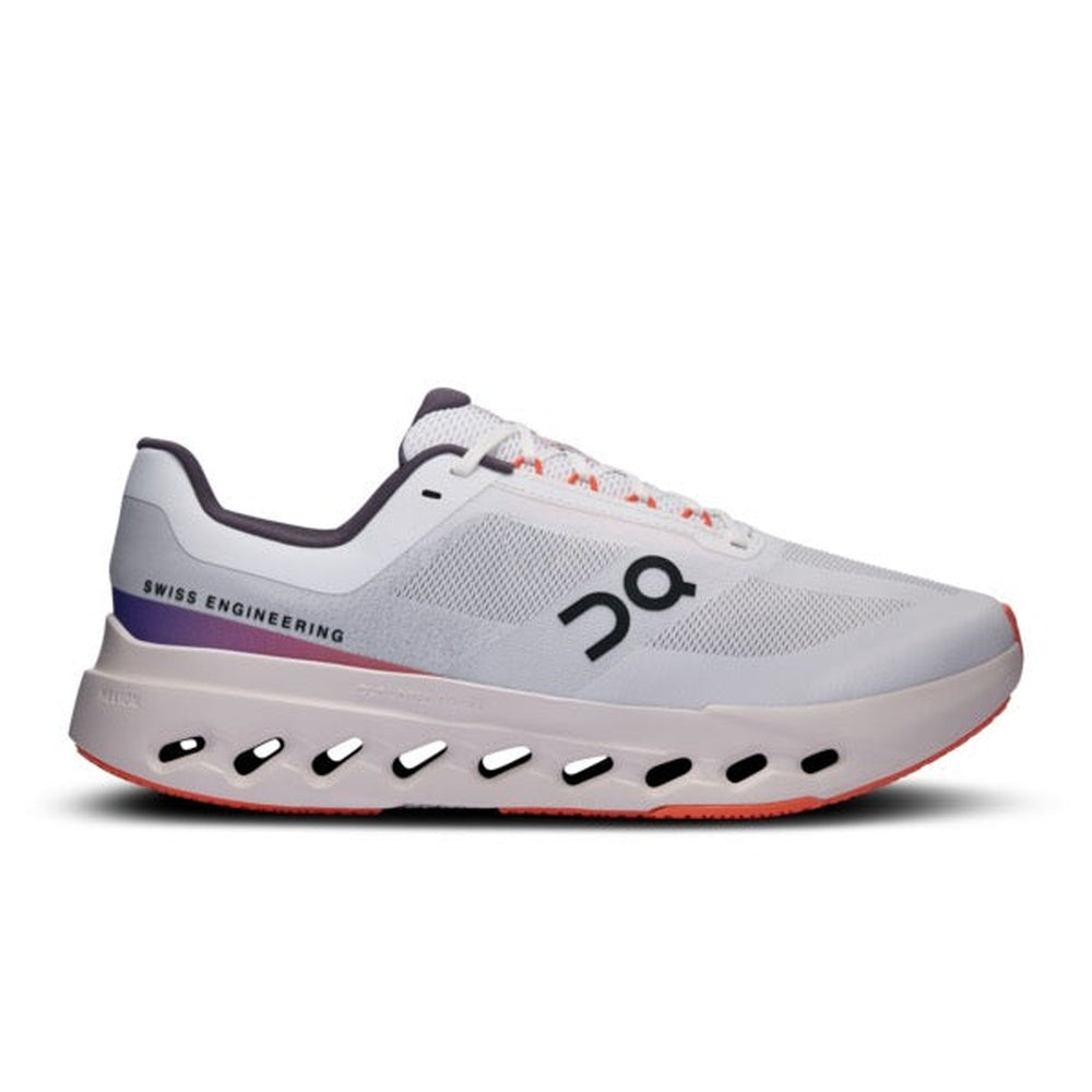 On Cloudsurfer Next running shoe in white with purple and orange details