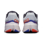 On Cloudsurfer Next running shoes in white with orange and blue details, rear view