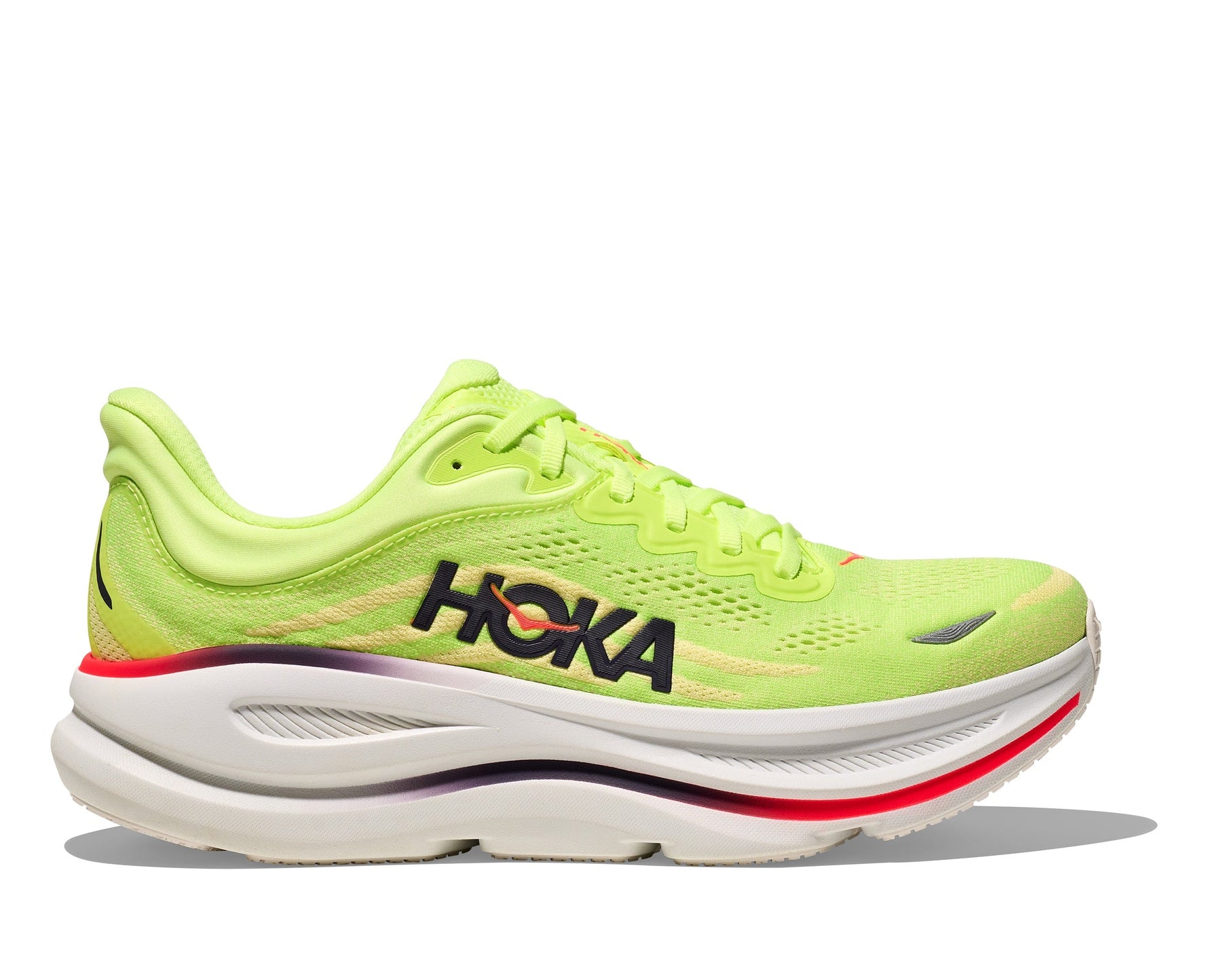 HOKA Bondi 9 running shoe in bright neon green yellow colorway