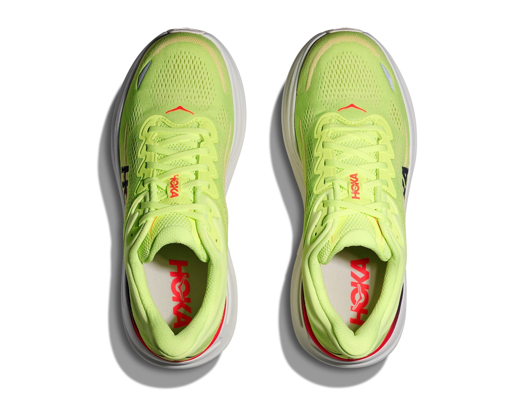HOKA Bondi 9 men's running shoes in bright neon green colorway, top view