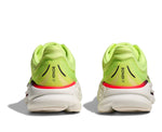 Hoka Bondi 9 running shoes in neon yellow colorway, rear view showing heel design
