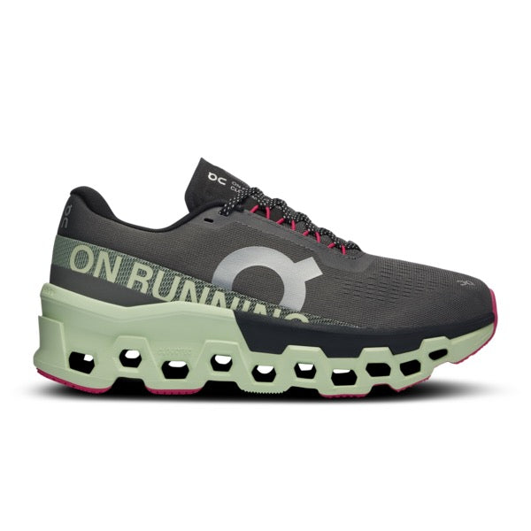 On Cloudmonster 2 women's running shoe in asphalt gray with lime green sole
