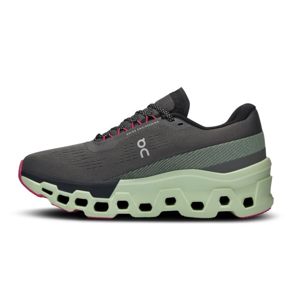 On Cloudmonster 2 running shoe in asphalt gray with lime green sole