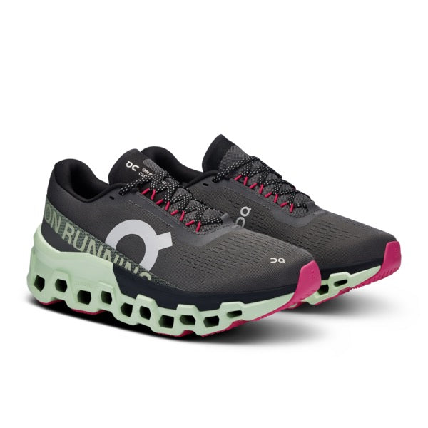 On Cloudmonster 2 women's running shoes in asphalt gray with lime green sole