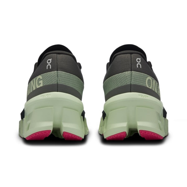 On Cloudmonster 2 women's running shoes in asphalt gray and lime green colorway