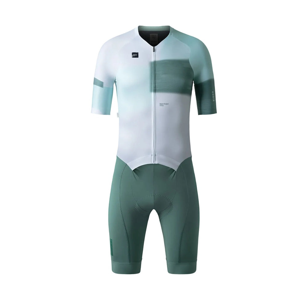 Gobik Brooklyn Aerosuit in white and sage green colorway on clean studio background