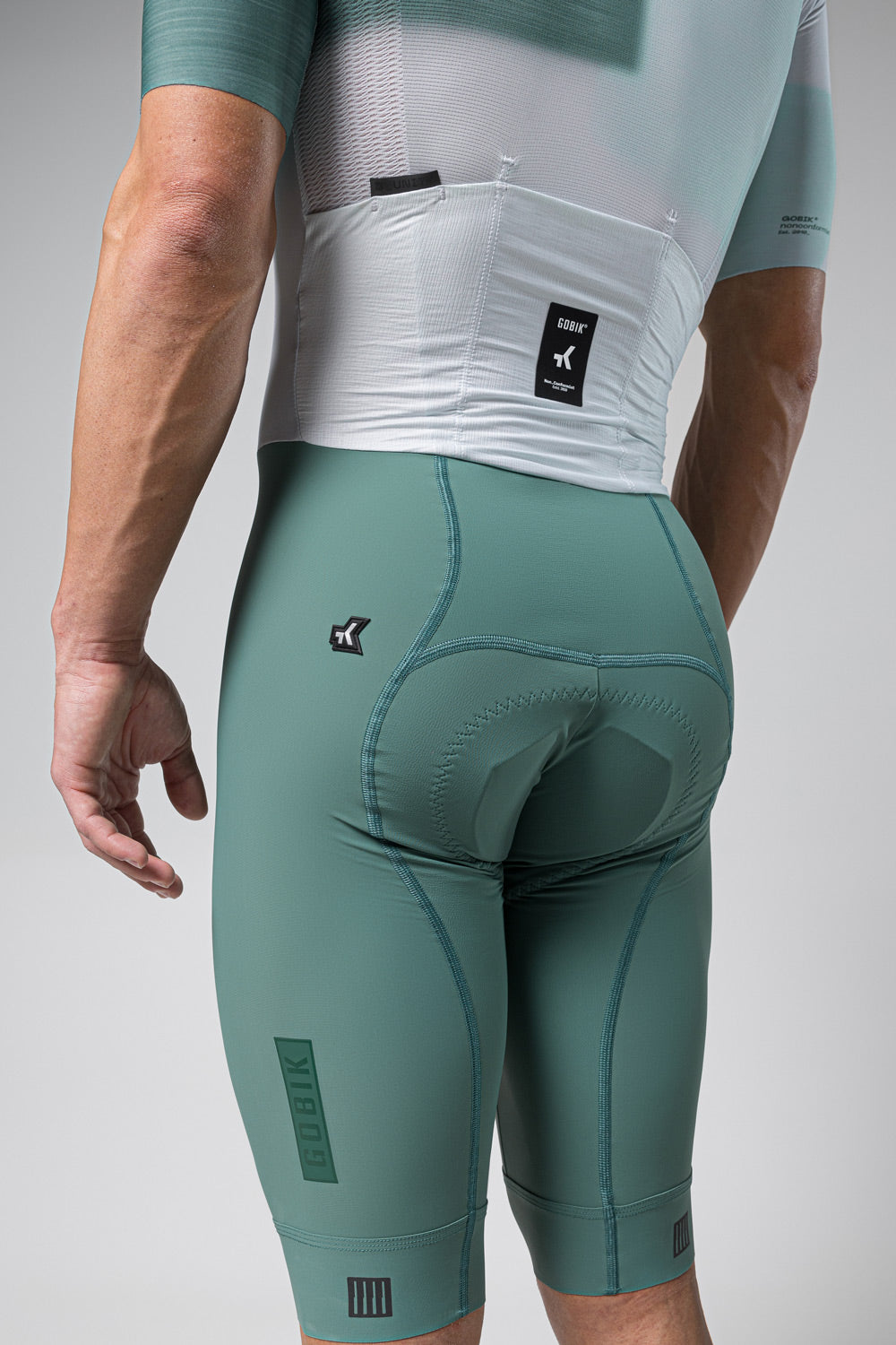 Gobik Aero Brooklyn cycling suit in sage green argonite colorway with white waistband