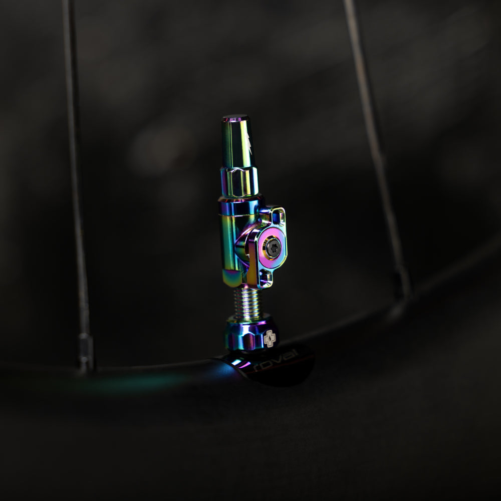 Muc-Off Big Bore Lite Tubeless Presta Valve with rainbow iridescent finish